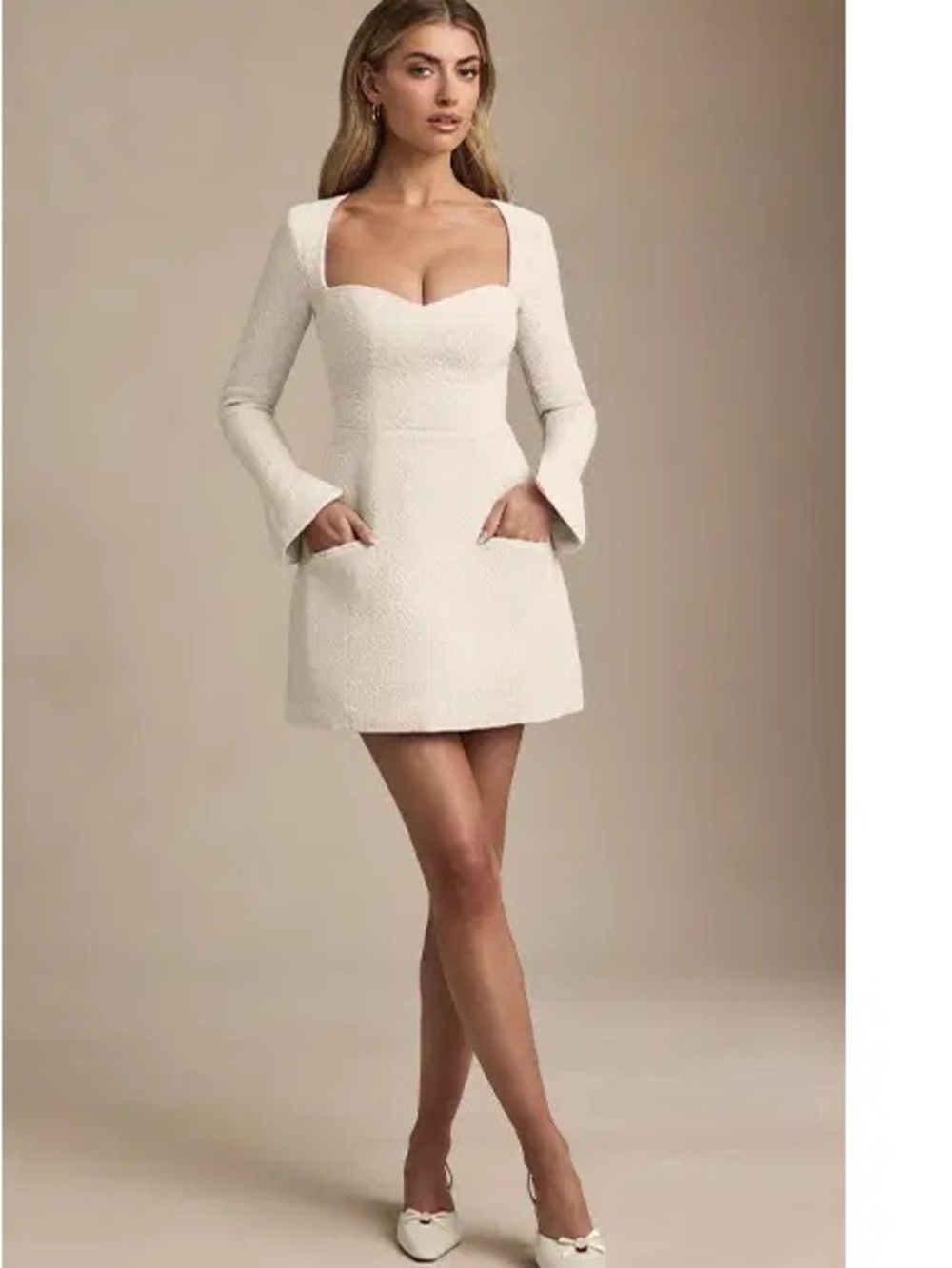 Oh Polly Ivory Tweed Mini Dress Long Sleeve A-Line Size 0 NWT